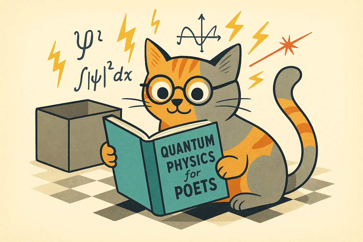 A curious orange-and-gray cat in glasses reads Quantum Physics for Poets amid equations, lightning bolts, and a cardboard box.